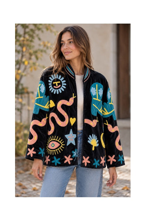 Veste courte en velours noir avec broderies souzaini pétrole/abricot/jaune - Taille unique