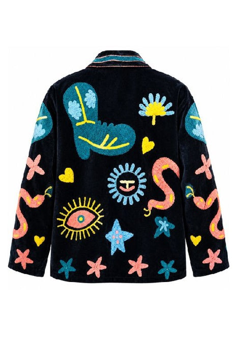 Veste courte en velours noir avec broderies souzaini pétrole/abricot/jaune - Taille unique