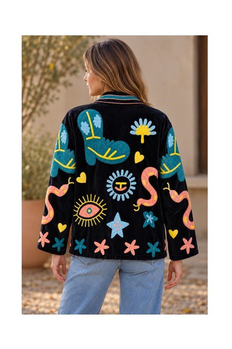 Veste courte en velours noir avec broderies souzaini pétrole/abricot/jaune - Taille unique
