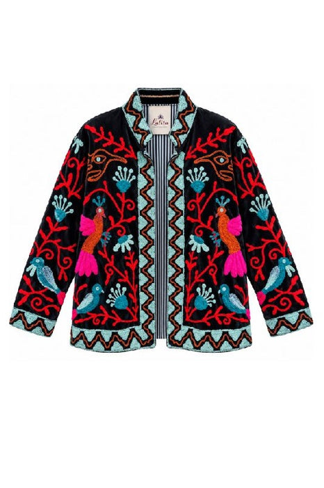 Jacke kurz Samt schwarz mit Suzani Stickereien Vögel/Blumen multicolor - One Size