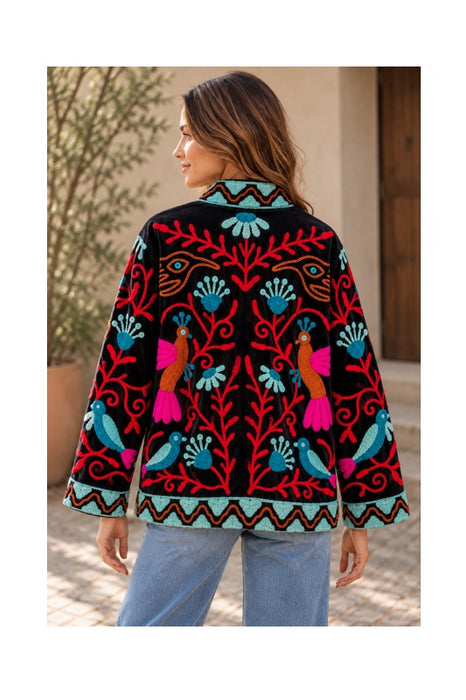 Jacke kurz Samt schwarz mit Suzani Stickereien Vögel/Blumen multicolor - One Size