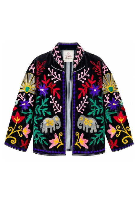 Jacke kurz Samt schwarz mit Suzani Stickereien Elefanten multicolor - One Size