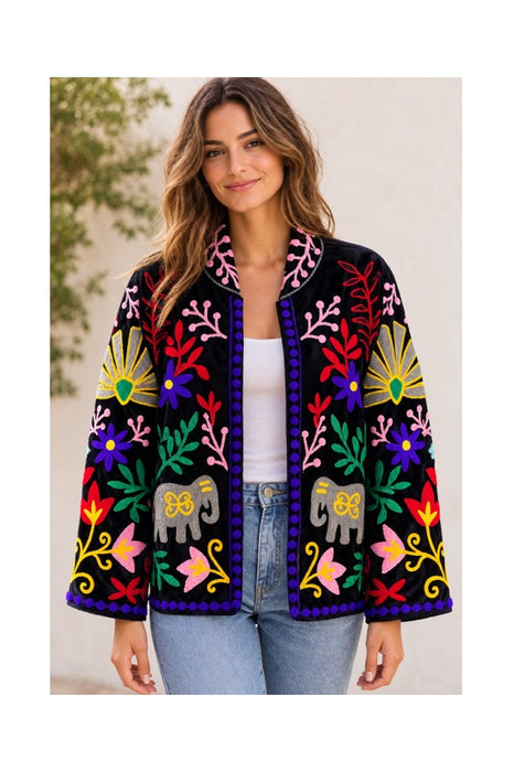 Jacke kurz Samt schwarz mit Suzani Stickereien Elefanten multicolor - One Size