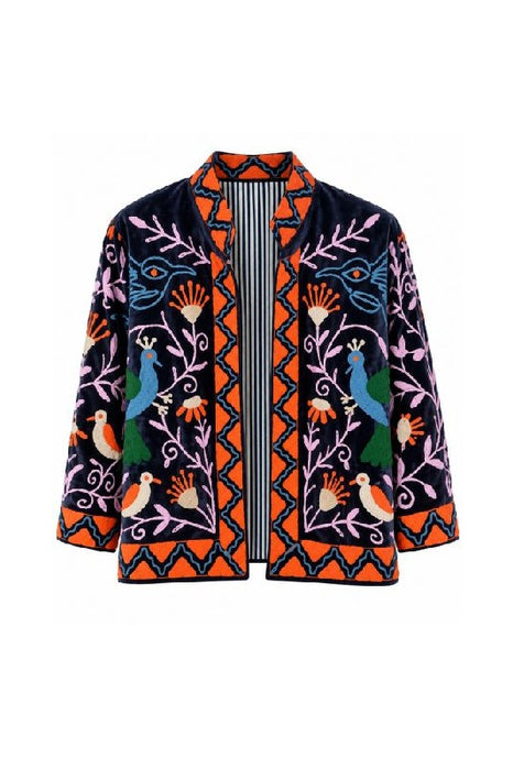 Jacke kurz Samt schwarz mit Suzani Stickereien Vögel/Blumen dunkelblau/multicolor - One Size