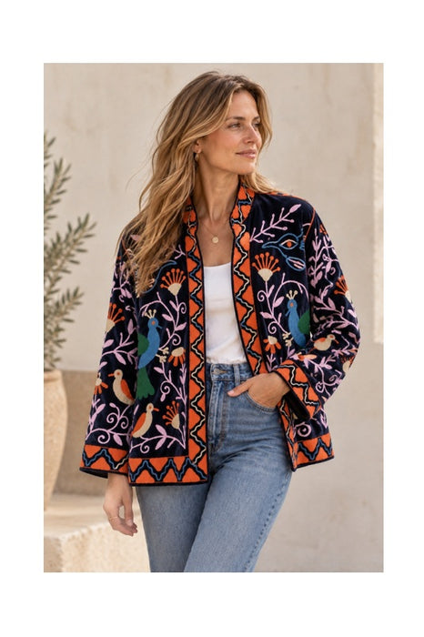 Jacke kurz Samt schwarz mit Suzani Stickereien Vögel/Blumen dunkelblau/multicolor - One Size