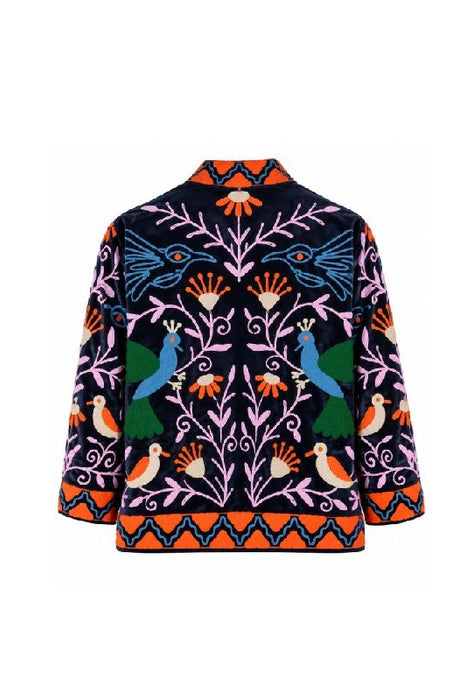 Jacke kurz Samt schwarz mit Suzani Stickereien Vögel/Blumen dunkelblau/multicolor - One Size