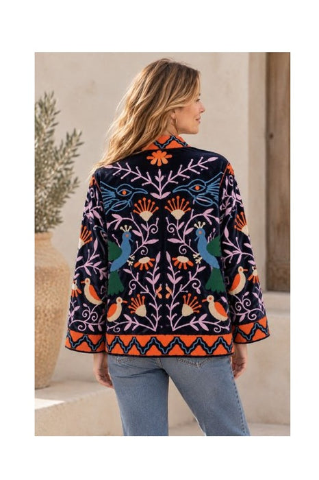 Jacke kurz Samt schwarz mit Suzani Stickereien Vögel/Blumen dunkelblau/multicolor - One Size