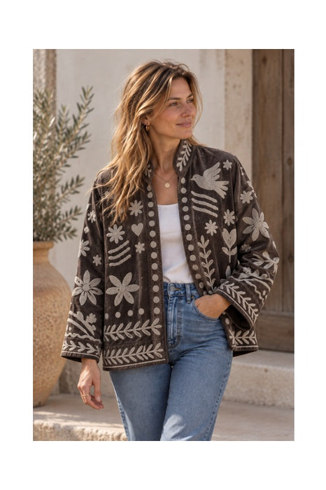 Jacke kurz Samt braun mit Suzani Stickereien beige - One Size