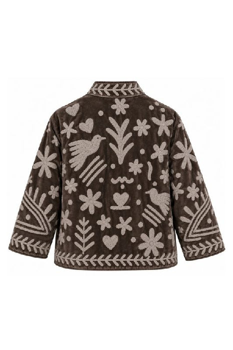 Jacke kurz Samt braun mit Suzani Stickereien beige - One Size