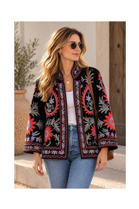 Jacke kurz Samt mit Suzani Stickereien - One Size