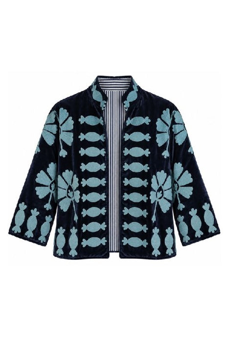 Jacke kurz Samt dunkelblau mit Suzani Stickereien hellblau - One Size