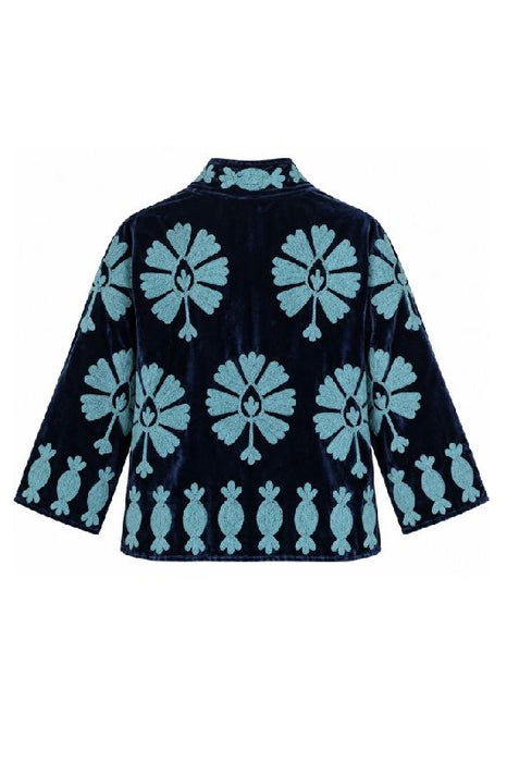 Jacke kurz Samt dunkelblau mit Suzani Stickereien hellblau - One Size