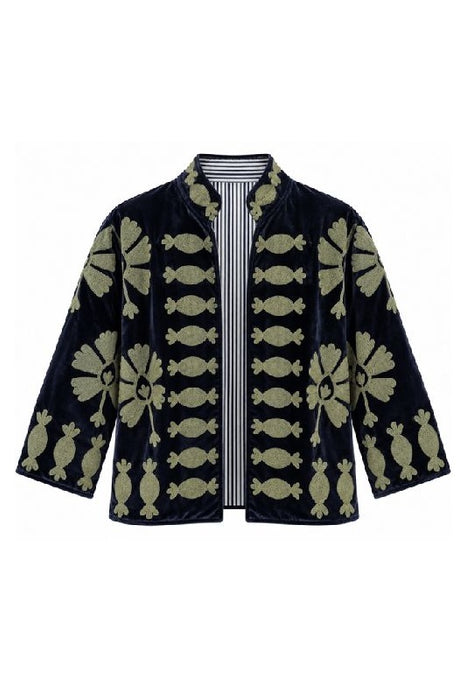 Veste courte en velours anthracite avec broderies souzaini vert clair - Taille unique