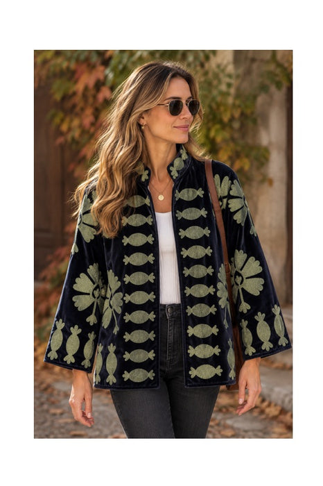 Veste courte en velours anthracite avec broderies souzaini vert clair - Taille unique