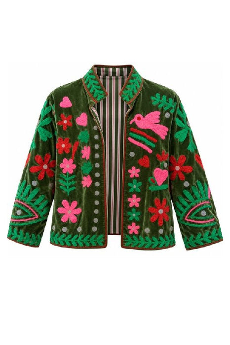 Veste courte en velours olive avec broderies Suzani multicolores - Taille unique