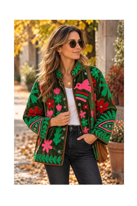 Veste courte en velours olive avec broderies Suzani multicolores - Taille unique