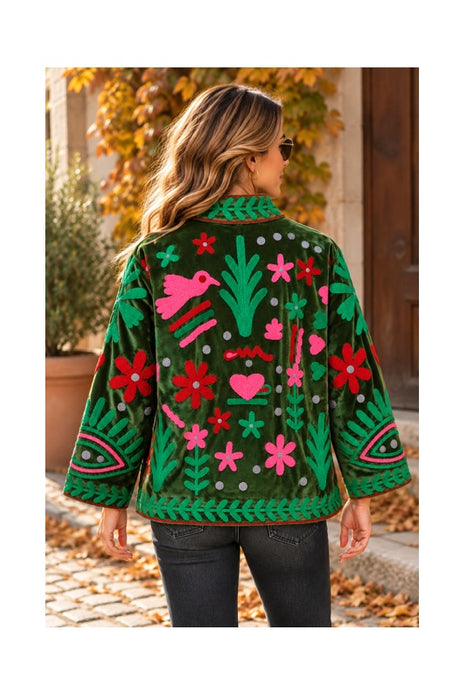 Veste courte en velours olive avec broderies Suzani multicolores - Taille unique