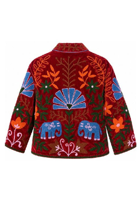 Jacke kurz Samt rostrot mit Suzani Stickereien blau/orange/grün - One Size