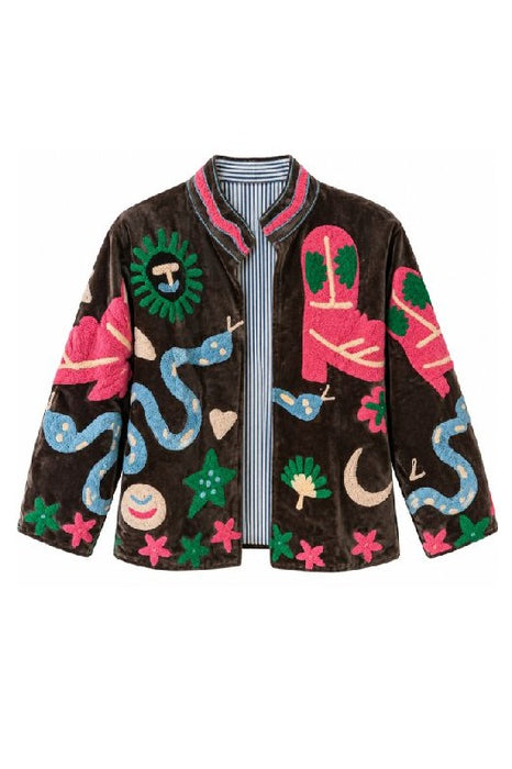 Short brown velvet jacket with pink/green/blue Suzani embroidery - One Size