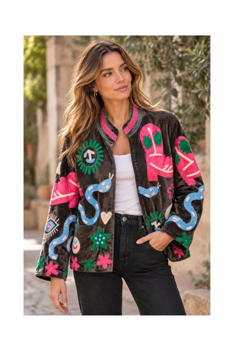 Short brown velvet jacket with pink/green/blue Suzani embroidery - One Size