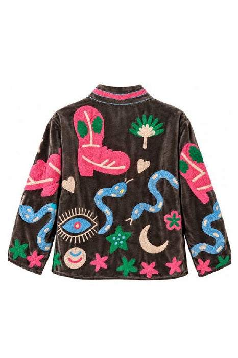 Short brown velvet jacket with pink/green/blue Suzani embroidery - One Size