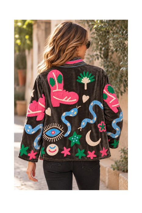 Short brown velvet jacket with pink/green/blue Suzani embroidery - One Size