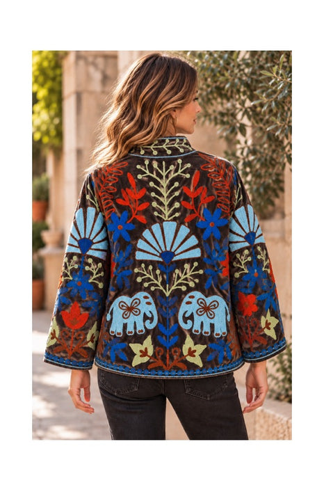 Jacke kurz Samt braun mit Suzani Stickereien Elefant/Blätter - One Size