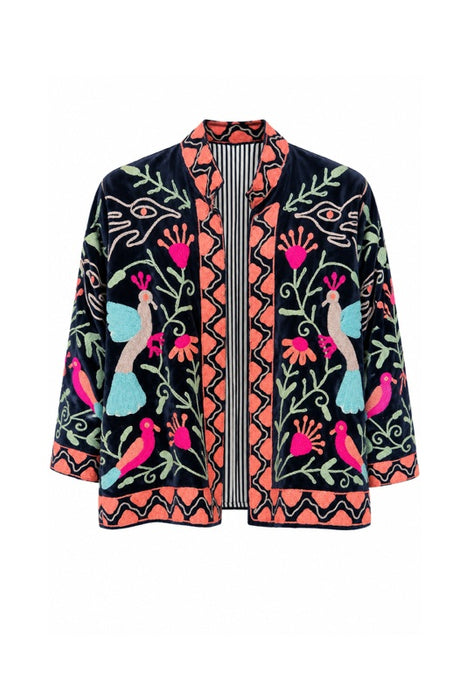 Veste courte en velours noir avec broderies Suzani oiseaux/fleurs bleu clair/multicolore - Taille unique
