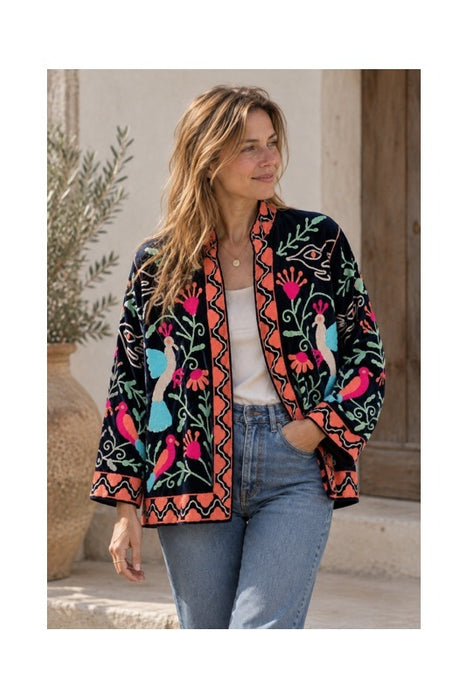 Veste courte en velours noir avec broderies Suzani oiseaux/fleurs bleu clair/multicolore - Taille unique