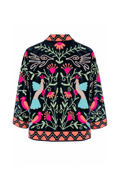 Veste courte en velours noir avec broderies Suzani oiseaux/fleurs bleu clair/multicolore - Taille unique