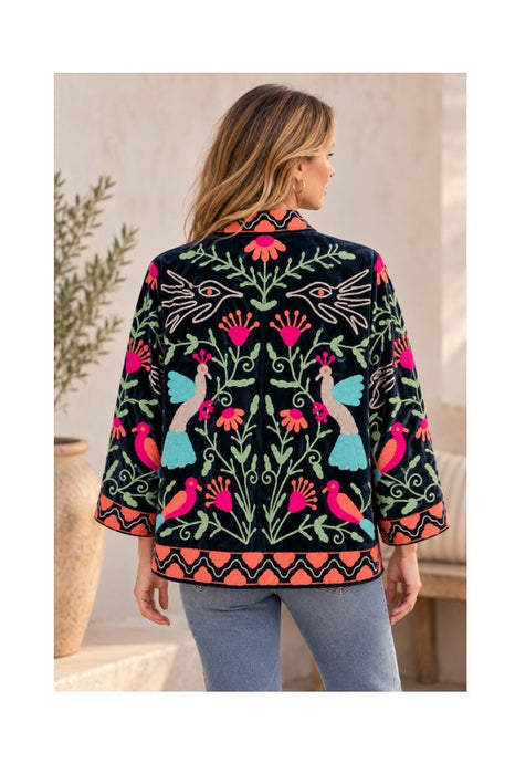 Veste courte en velours noir avec broderies Suzani oiseaux/fleurs bleu clair/multicolore - Taille unique