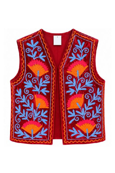 Weste Samt rot mit Suzani Stickereien orange/hellblau - One Size