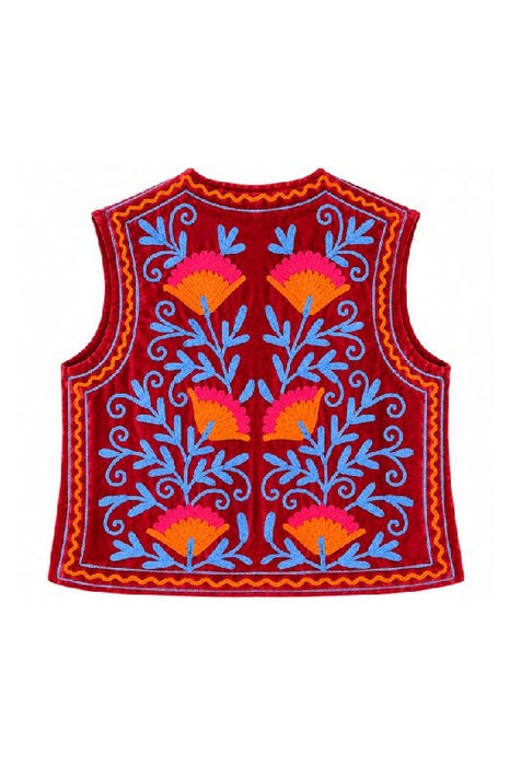 Weste Samt rot mit Suzani Stickereien orange/hellblau - One Size