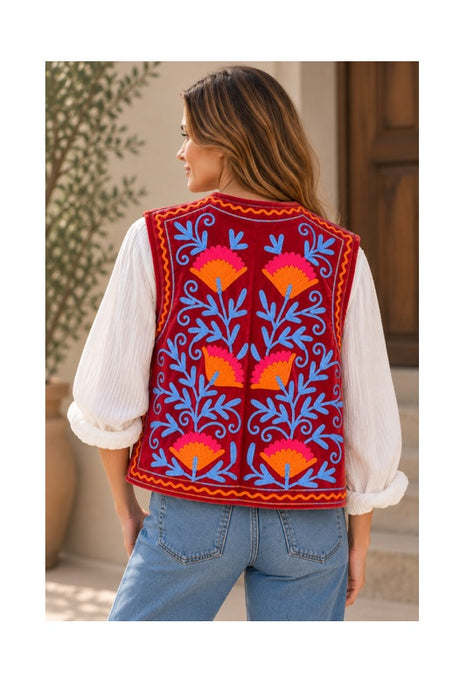 Weste Samt rot mit Suzani Stickereien orange/hellblau - One Size