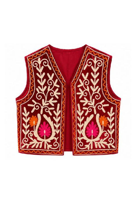 Weste Samt dunkelrot mit Suzani Stickereien orange/beige - One Size