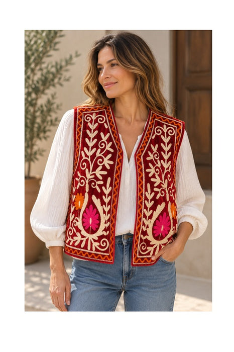 Weste Samt dunkelrot mit Suzani Stickereien orange/beige - One Size