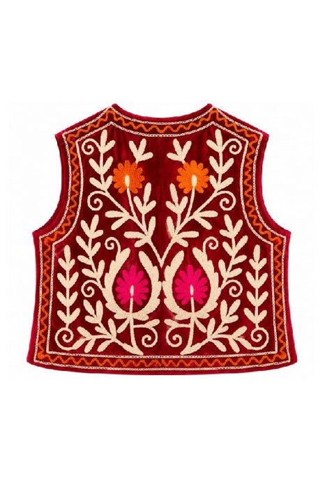 Weste Samt dunkelrot mit Suzani Stickereien orange/beige - One Size