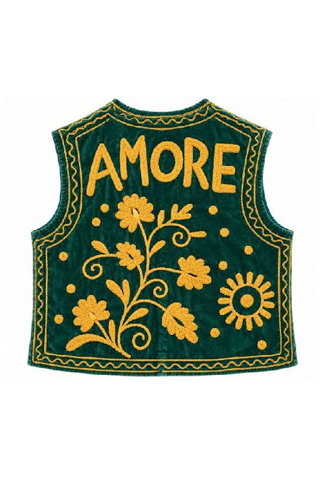 Weste Samt dunkelgrün "AMORE" mit Suzani Stickereien goldfarben - One Size
