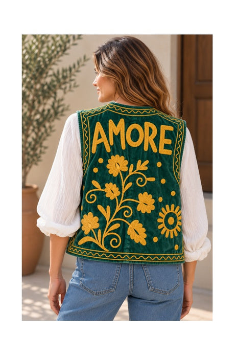 Weste Samt dunkelgrün "AMORE" mit Suzani Stickereien goldfarben - One Size