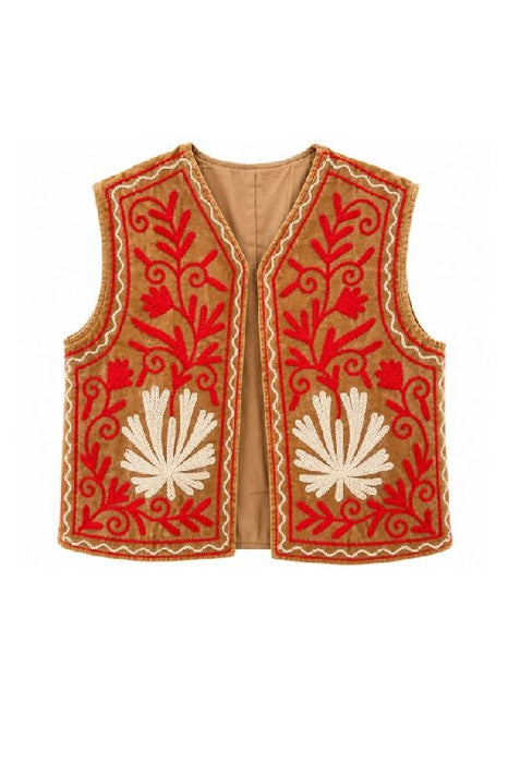 Weste Samt ocker mit Suzani Stickereien rot/beige - One Size