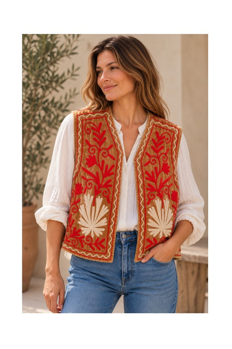 Weste Samt ocker mit Suzani Stickereien rot/beige - One Size