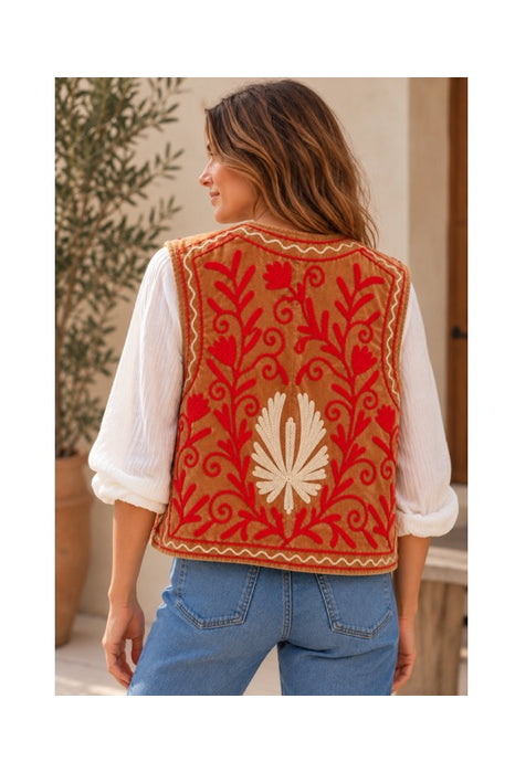 Weste Samt ocker mit Suzani Stickereien rot/beige - One Size