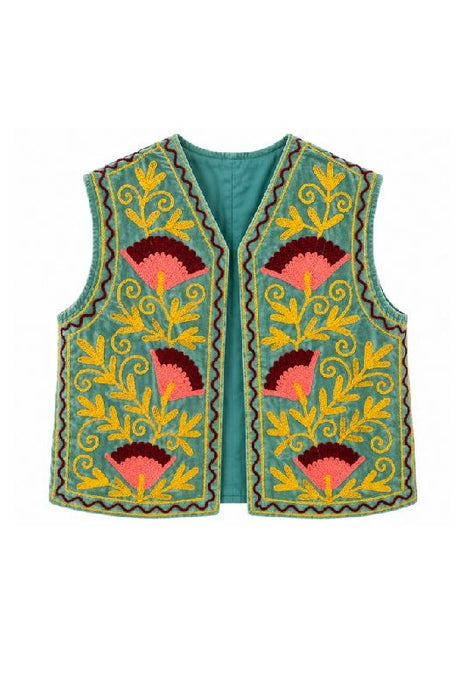 Weste Samt grün mit Suzani Stickereien gelb/rosa/bordeaux - One Size