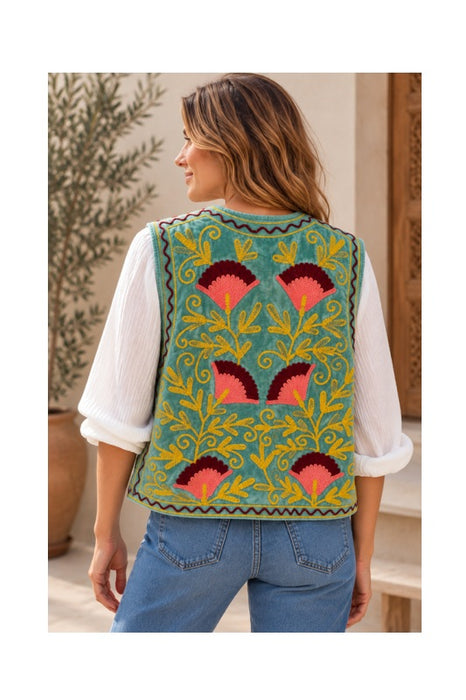 Weste Samt grün mit Suzani Stickereien gelb/rosa/bordeaux - One Size
