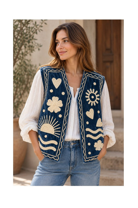 Weste Samt dunkelblau "MORE" mit Suzani Stickereien beige - One Size