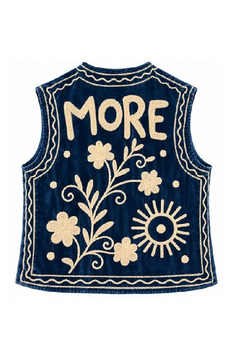 Weste Samt dunkelblau "MORE" mit Suzani Stickereien beige - One Size