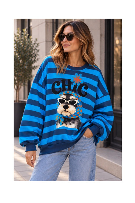Pull rayé CHIC avec chien - Polyester/Viscose/Élasthanne - Taille unique