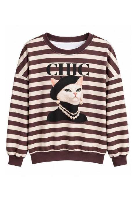 Pull rayé CHIC avec chat - Polyester/Viscose/Élasthanne - Taille unique