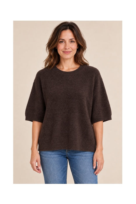 Brown short-sleeved knit sweater - One Size