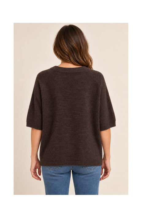 Brown short-sleeved knit sweater - One Size